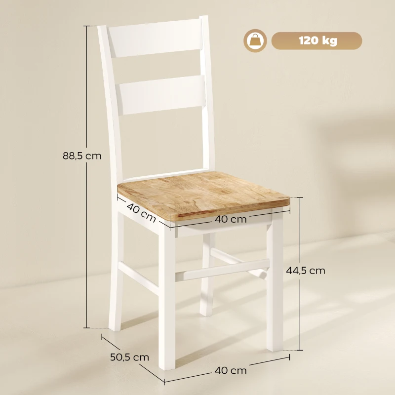 HOMCOM Set van 2 Keukenstoelen, Rubberhout, Gebogen Lattenrugleuning, Wit