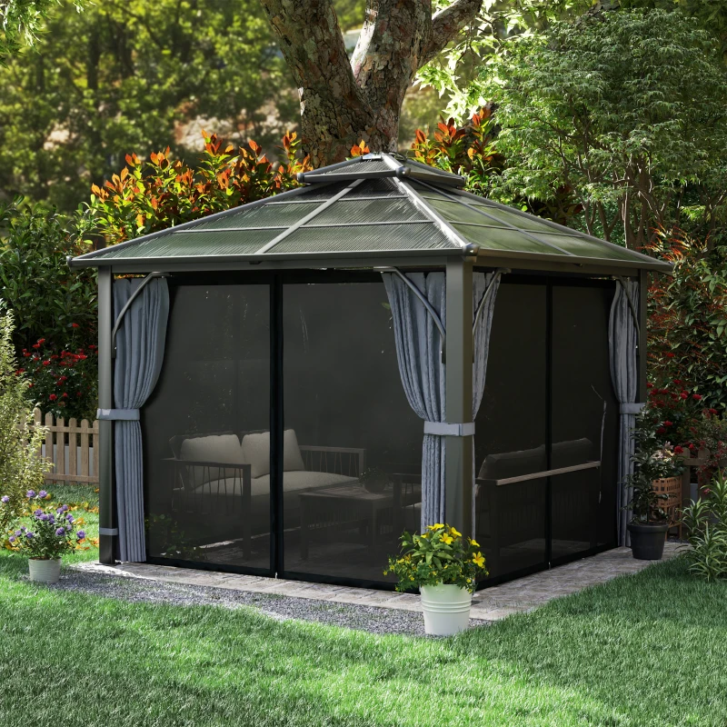 Outsunny 3 x 3(m) Hardtop Gazebo Canopy with 7mm Polycarbonate Double-Tier Roof, Garden Gazebo Permanent Pavilion with Mosquito Netting and Curtains for Patio, Terrace, Dark Grey