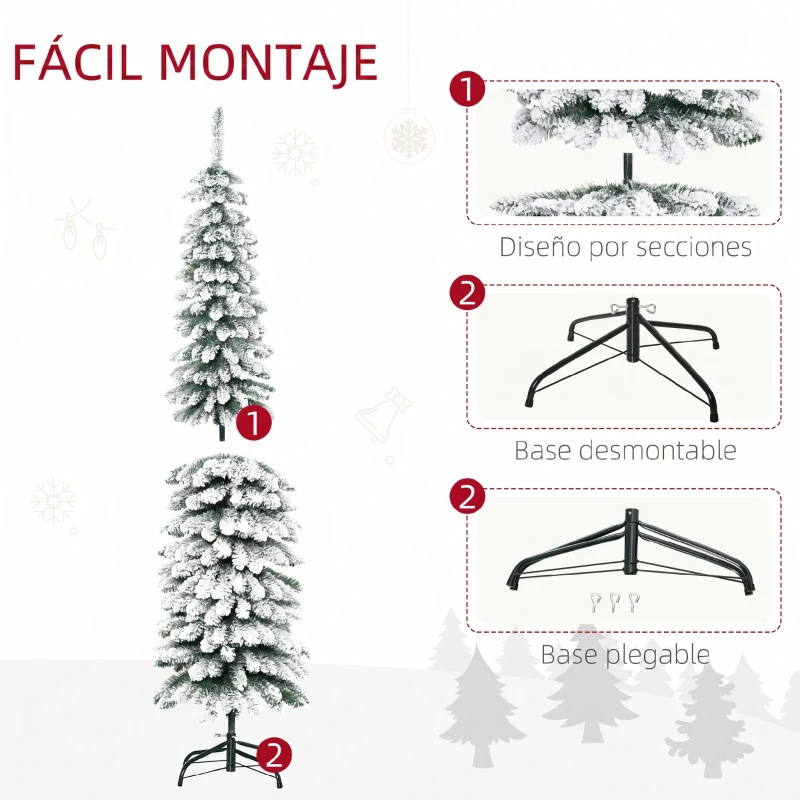 HOMCOM Árbol de Navidad Estrecho Nevado 180 cm con 395 Ramas y Soporte de Metal Plegable para Salón Interior Verde