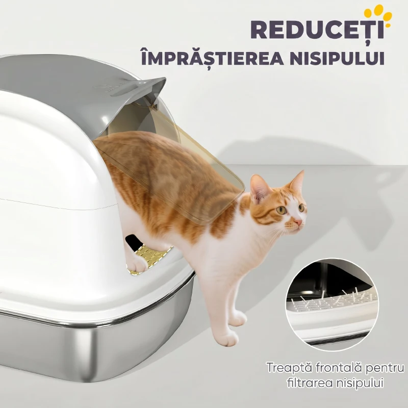 PawHut Litieră pentru Pisici Închisă din Oțel Inoxidabil XL cu Capac Detașabil
