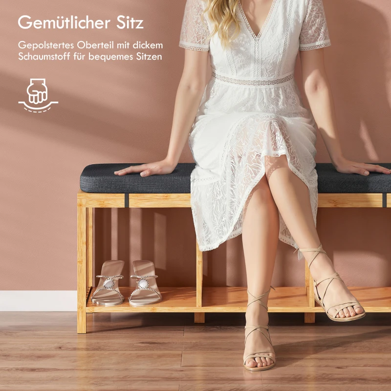 HOMCOM Bamboe Schoenenbank, Halbank met Gewatteerd Zitkussen en Open Vakken, Naturel Houtlook
