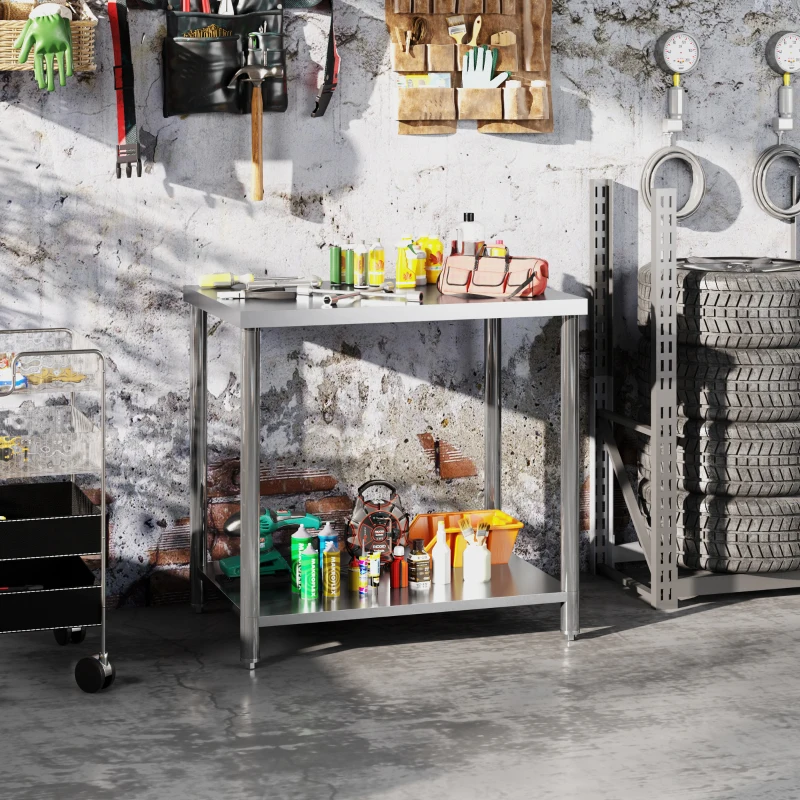 HOMCOM Mesa de Trabajo de Acero Inoxidable con 2 Estantes para Cocina Garaje Taller Carga 100 kg 90x60x86 cm Plata