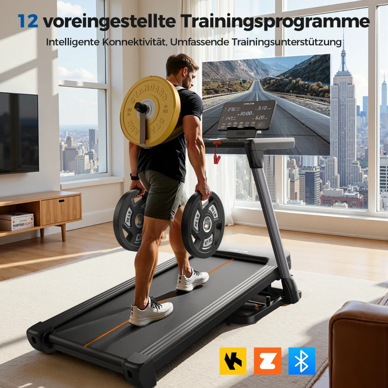 Tapis de course pliable, système de pliage pneumatique à une main, 4 coussins élastiques, 145x89x130 cm, Noir