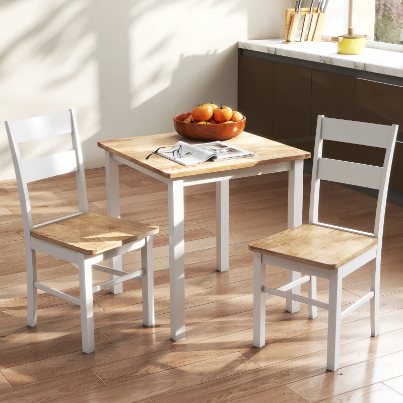HOMCOM Set van 2 Keukenstoelen, Rubberhout, Gebogen Lattenrugleuning, Wit