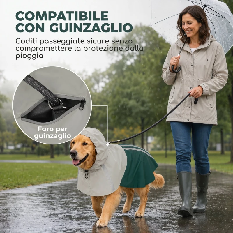 PawHut Impermeabile per Cani con Cappuccio, Foro per Guinzaglio e Strisce Riflettenti, per Cani di Taglia Grande, Verde