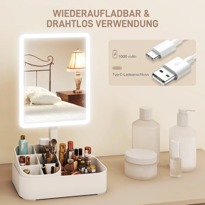 HOMCOM Make-upspiegel met verlichting oplaadbaar 180° draaibaar LED make-upspiegel met 2 verlichtingsmodi, Wit