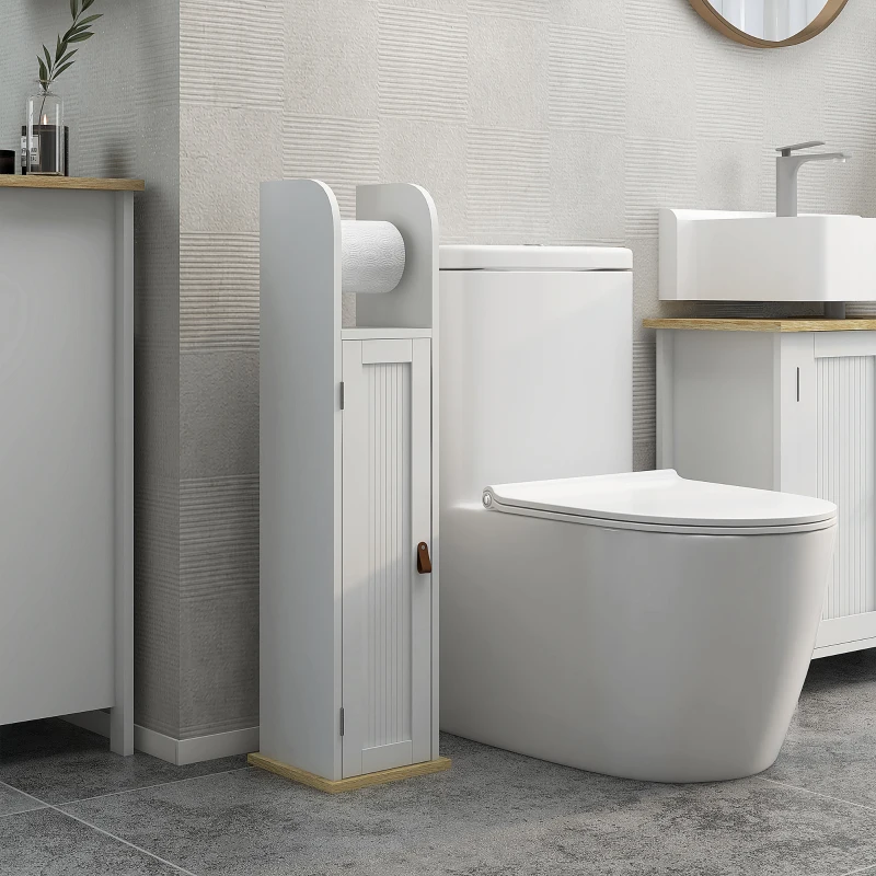 kleankin Columna de Baño Armario de Baño con Compartimento Abierto Puerta 2 Estantes Ajustables y Portarrollo 20x20x80 cm Blanco