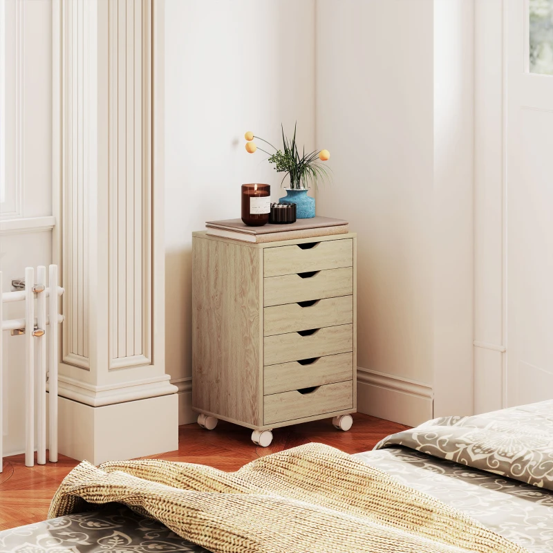 HOMCOM 6 Drawer Vertical File Cabinet, Mobile Filing Cabinet with Quiet Drawers and Wheels with 2 Brakes, Oak Wood Effect