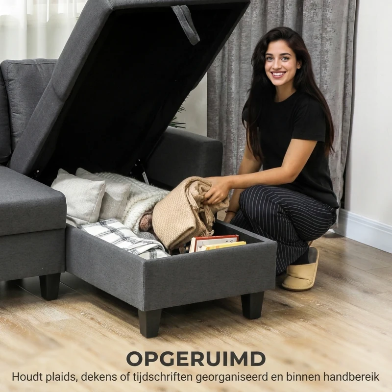 HOMCOM Hoekbank met slaapfunctie en opbergruimte, L-vormige slaapbank met chaise longue en verstelbare rugleuning voor de woonkamer