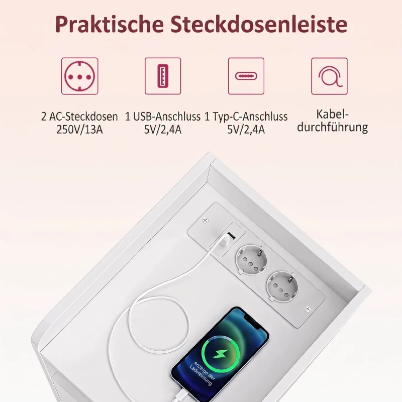 HOMCOM Nachttisch 2er-Set mit Ladestation, Schmaler Nachtschrank mit offenem Fach, verstellbarem Einlegeboden für Schlafzimmer