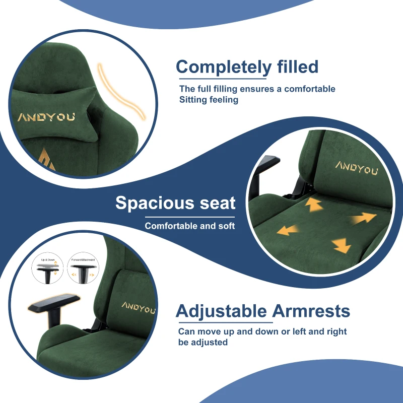 Sedia gaming con poggiapiedi, similpelle scamosciata traspirante, regolabile in altezza con pistone a gas, girevole, 70x70x135 cm, Verde