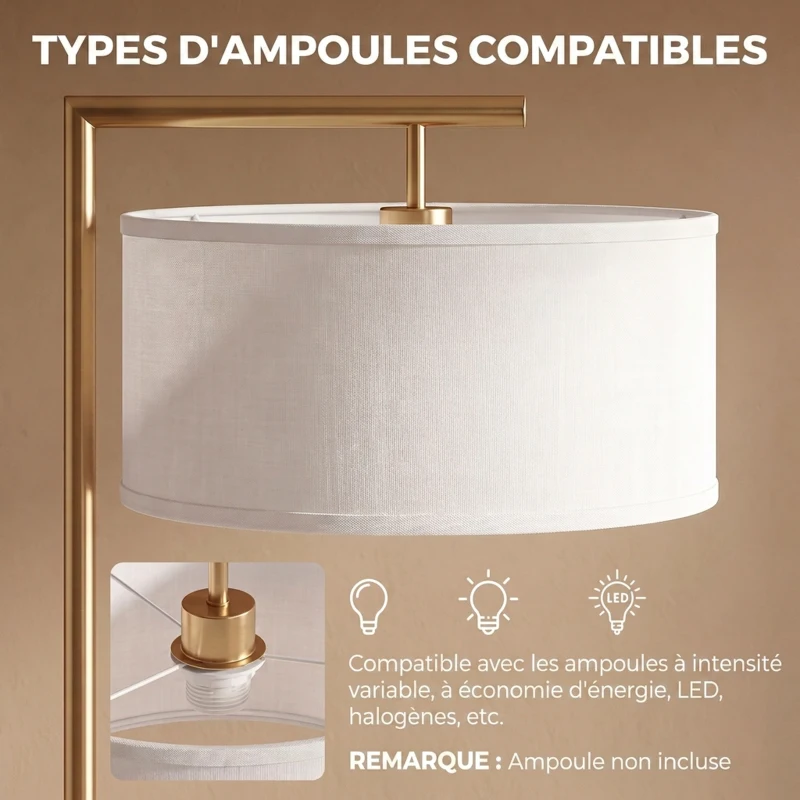 HOMCOM Lampadaire lampe à pied abat-jour en tissu de lin base ronde stable pour salle bureau or et blanc
