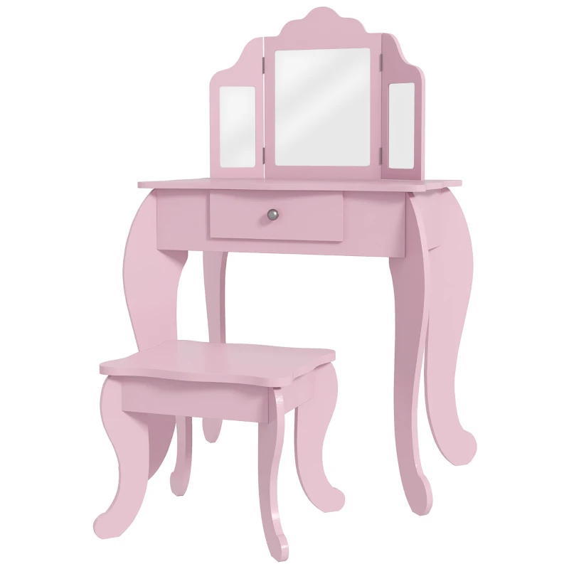 HOMCOM Tavolo da Trucco per Bambini con Sgabello e Triplo Specchio, in Legno e Acrilico, 63x40x85.5 cm, Rosa