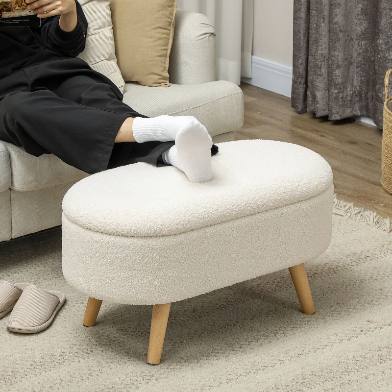 HOMCOM Zitbank met Opbergruimte en Deksel, Voethocker voor Hal, Woonkamer, Slaapkamer, Hout, Stoffen Bekleding, Wit(m-7)