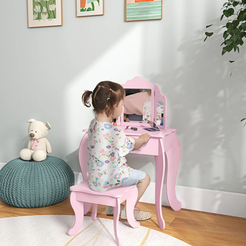 HOMCOM Tavolo da Trucco per Bambini con Sgabello e Triplo Specchio, in Legno e Acrilico, 63x40x85.5 cm, Rosa