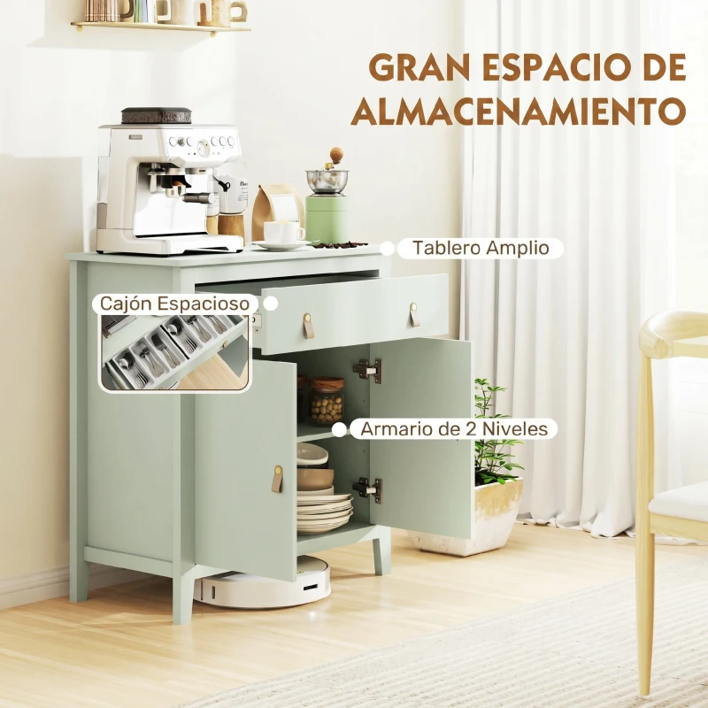 HOMCOM Aparador con Cajón Armario de 2 Niveles y Estante Ajustable Base Elevada y Amplia Superficie 80x40x90cm Verde Claro