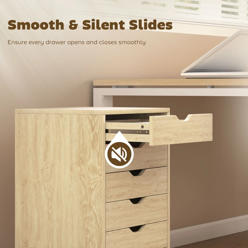 HOMCOM 6 Drawer Vertical File Cabinet, Mobile Filing Cabinet with Quiet Drawers and Wheels with 2 Brakes, Oak Wood Effect