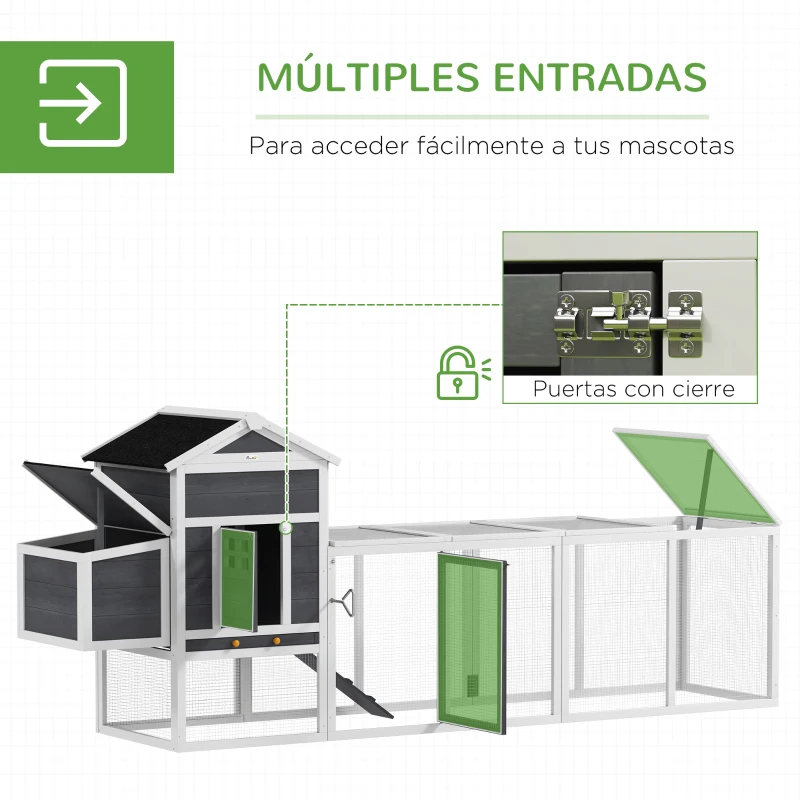 PawHut Gallinero de Madera Grande para 3-6 Gallinas con Techo Asfáltico Nido y Bandeja Extraíble 297,5x68x118 cm Blanco y Gris