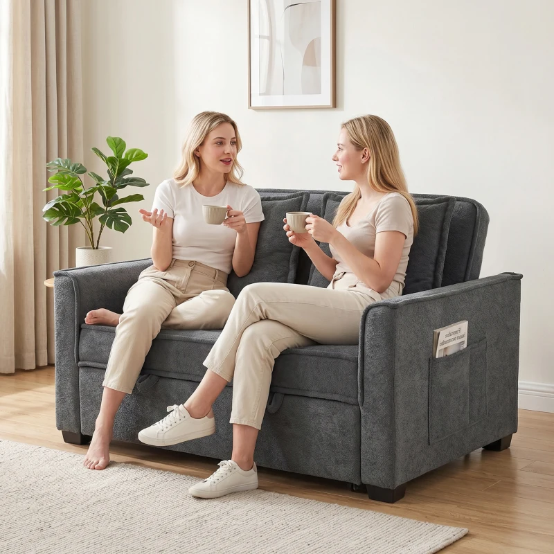HOMCOM Sofá Cama 2 Plazas 3 en 1 con Respaldo Ajustable Bolsillos Laterales 2 Almohadas para Sala de Estar Gris Oscuro