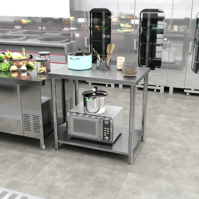 HOMCOM Mesa de Trabajo de Acero Inoxidable con 2 Estantes para Cocina Garaje Taller Carga 100 kg 90x60x86 cm Plata