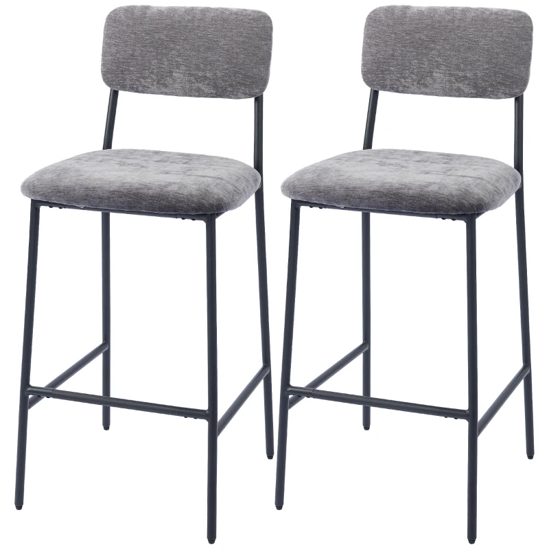 HOMCOM Set van 2 barkrukken, gepolsterde hoge stoelen voor keukentafel en huisbar, rugleuning, voetsteun, stofbekleding, staal, grijs