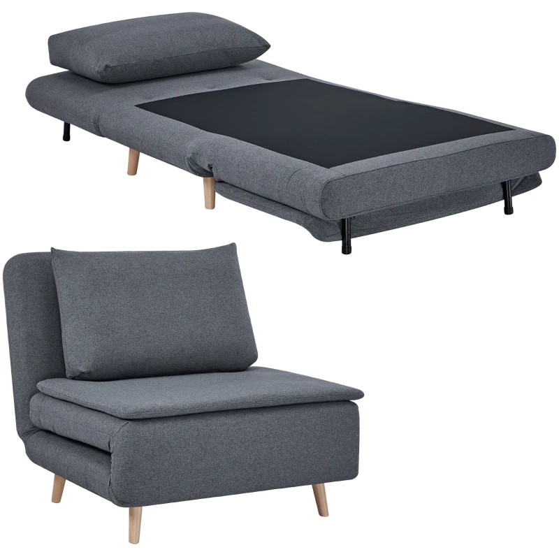 HOMCOM 3-in-1 slaapfauteuil met bedfunctie, ligfauteuil, verstelbare rugleuning, beukenhouten poten, kussen, grijs