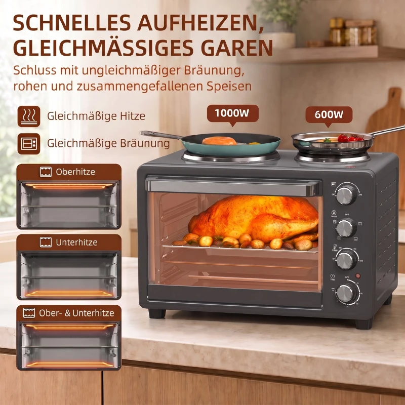 HOMCOM 28 L Toasterofen, Kompakter Backofen zum Kochen und Grillen, Elektro-Ofen mit Backblech, Grillrost, 2600W, Schwarz