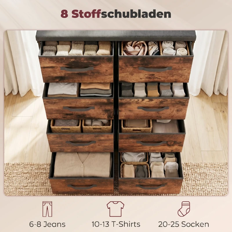 HOMCOM Kommode mit 8 Schubladen, Stoffkommode mit Metallgestell, für Schlafzimmer & Wohnzimmer, Vintage Braun