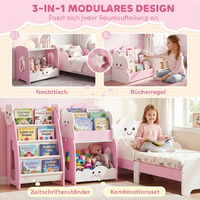 AIYAPLAY 3-in-1 Kinderregal mit Spielzeugaufbewahrung, Modularer Bücherregal mit 4 Taschen & 3 Ebenen sowie Nachttisch, Rosa