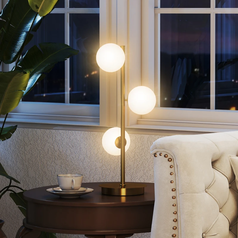 HOMCOM Tafellamp met 3 bolkappen, met stabiele stalen voet, G9-fittingen, 24 x 24 x 53 cm, Messing