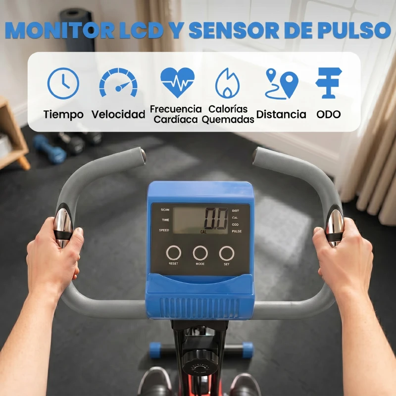 HOMCOM Bicicleta Estática Plegable con Respaldo 8 Niveles de Resistencia Volante Pantalla LCD Pulsómetro y Sillín Ajustable