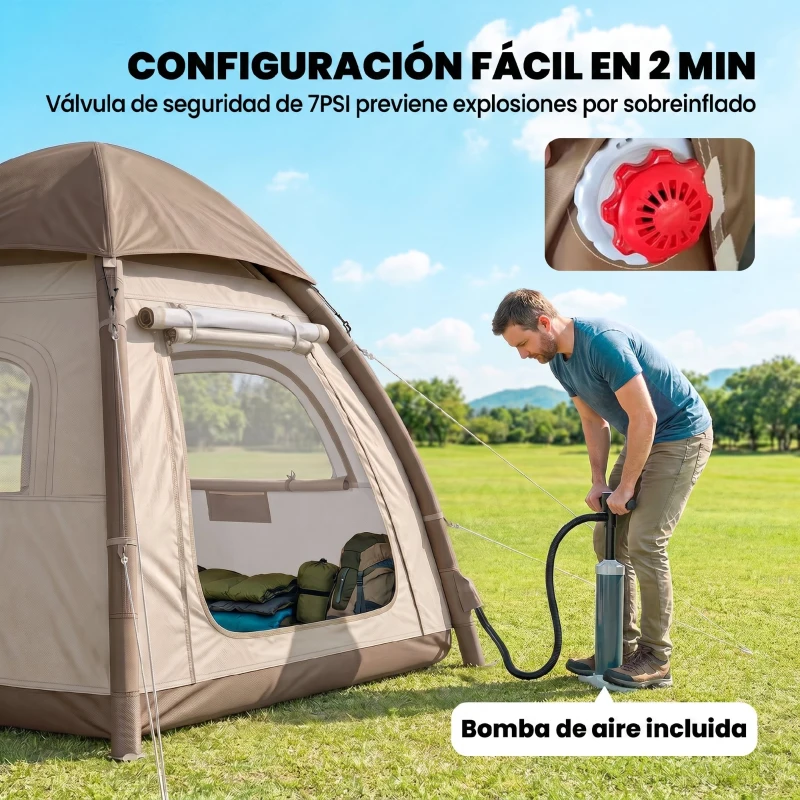 Outsunny Tienda de Campaña Inflable con Mosquitera Vestíbulo Bomba para 3–4 Personas UPF30+ Bolsa Montaje Rápido Impermeable