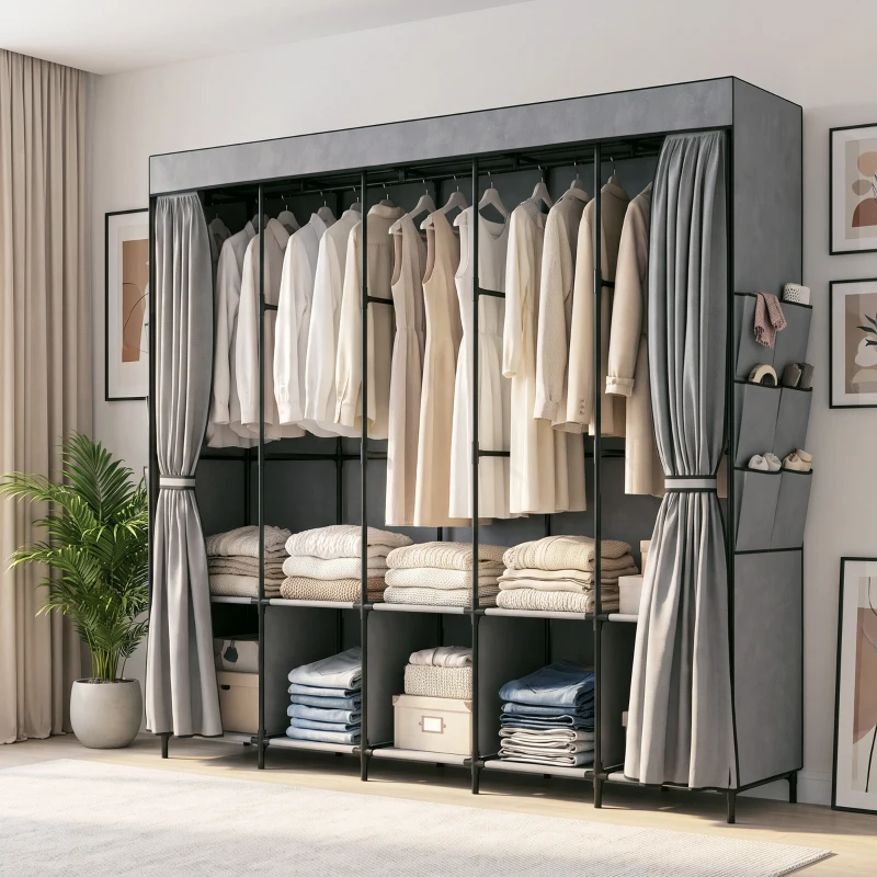 HOMCOM Stoffkleiderschrank mit 5 Stangen 5 Regalen 6 Seitentaschen Reißverschluss Stahlrahmen 212x45x167 cm Grau