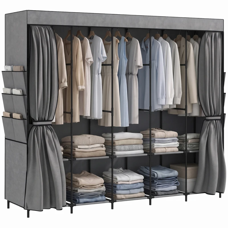 HOMCOM Dulap textil cu 5 bare 5 rafturi 6 buzunare laterale Cremallera Marco de Acero 212x45x167 cm Gris