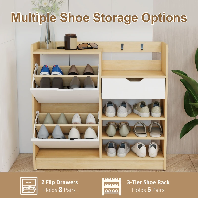 HOMCOM Schoenenrek voor hal, schoenenkast met klapladen, open planken, 4 haken, voor tot 14 paar schoenen, Wit(m-4)