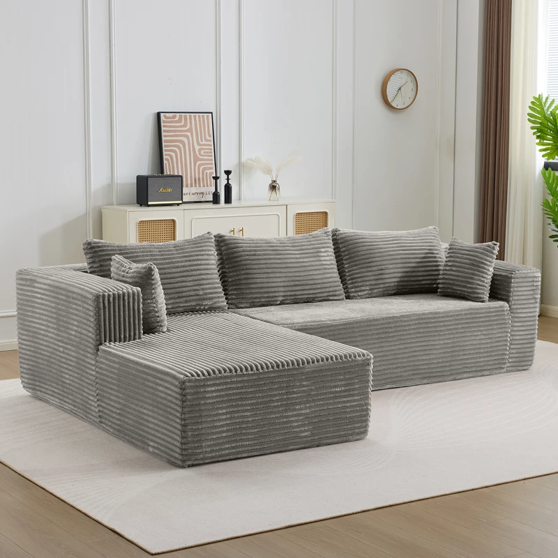 Divano angolare a L modulare con chaise longue, salvaspazio, design minimalista, seduta profonda, 279x179x83 cm, Grigio
