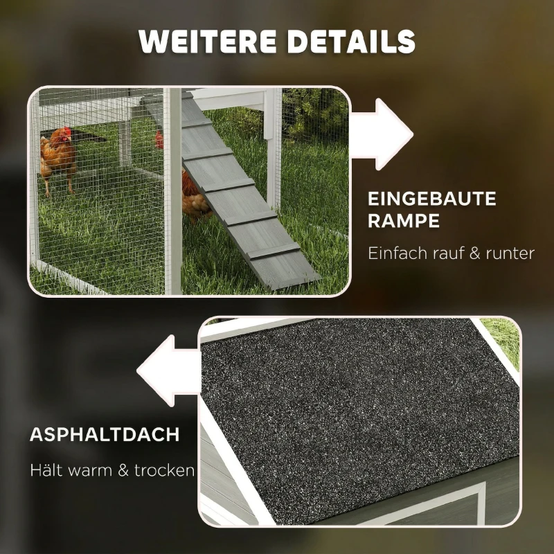 PawHut Hühnerstall aus Holz mit Auslauf Nistkasten Asphaltdach herausziehbar Tablett für 4-6 Hühner 347x160x150 cm Dunkelgrau