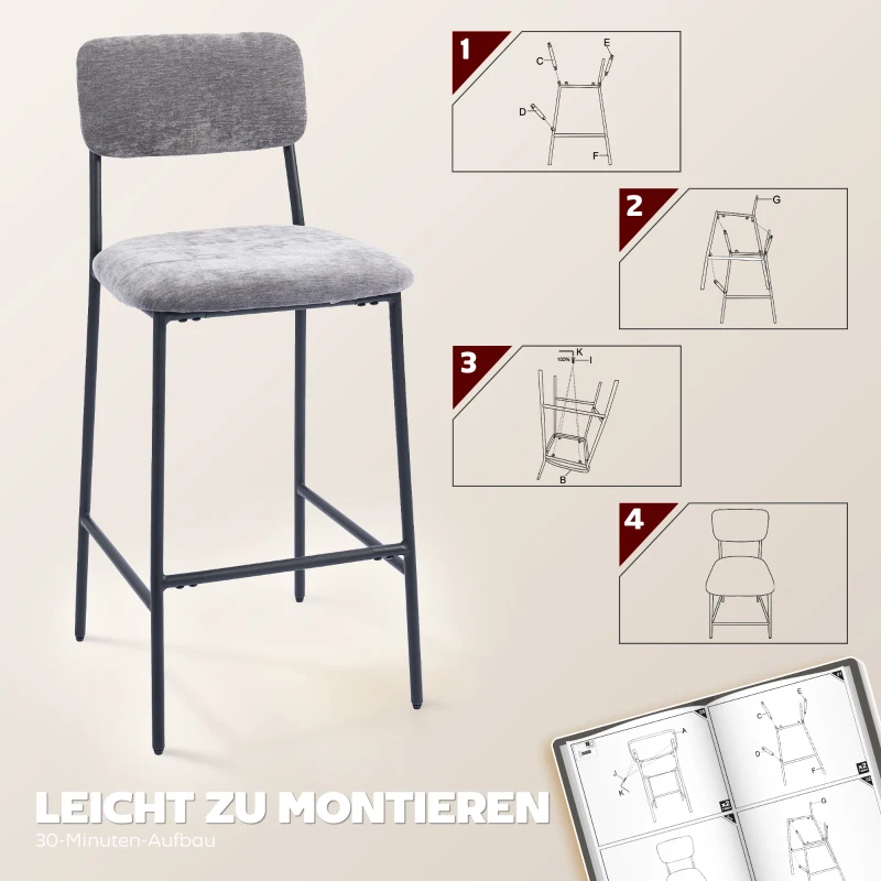 HOMCOM Set van 2 barkrukken, gepolsterde hoge stoelen voor keukentafel en huisbar, rugleuning, voetsteun, stofbekleding, staal, grijs