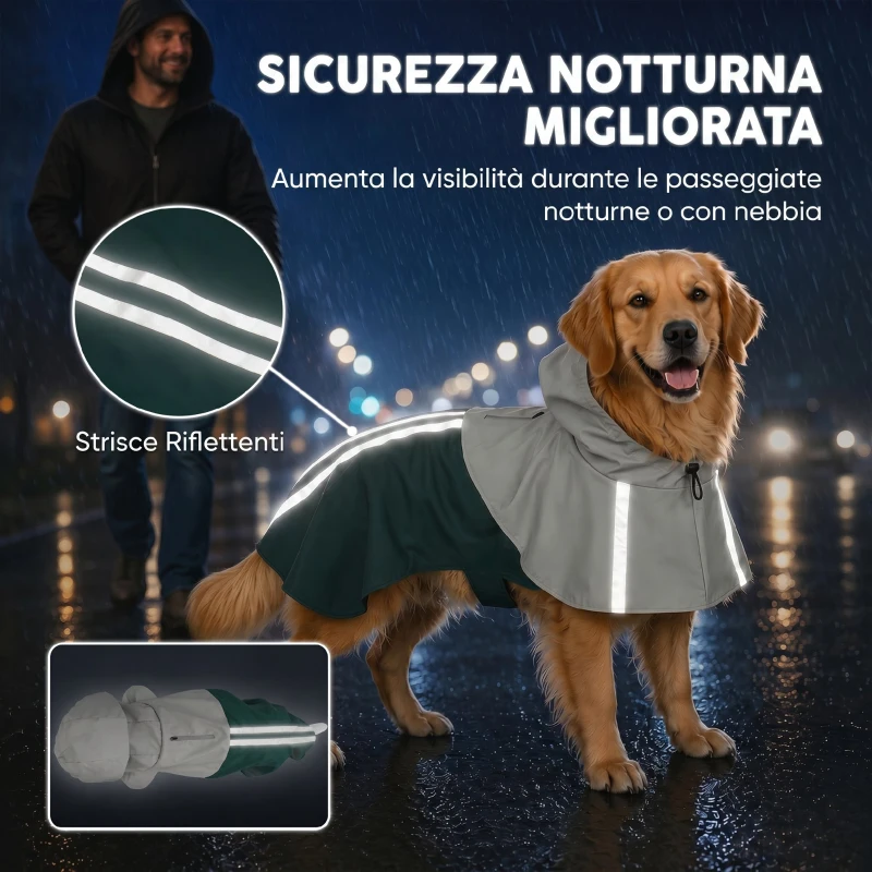 PawHut Impermeabile per Cani con Cappuccio, Foro per Guinzaglio e Strisce Riflettenti, per Cani di Taglia Grande, Verde