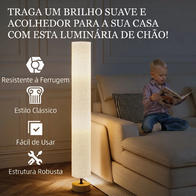 HOMCOM Candeeiro de Pé para Sala com Casquilho E27 Máx. 40 W, Abat-Jour em Linho e Estrutura Metálica, 15x15x120 cm, Cinzento