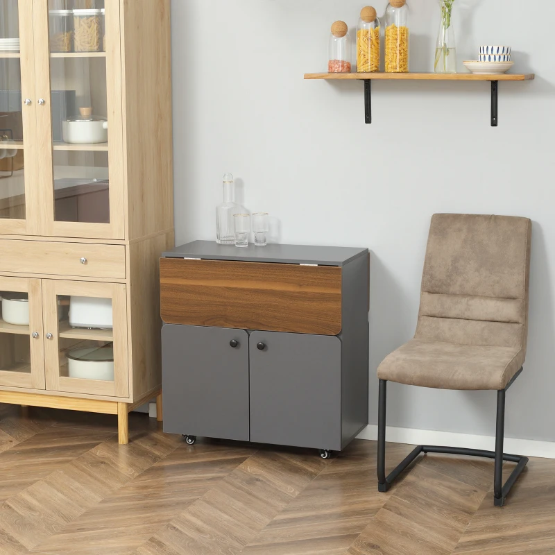 HOMCOM Klaptafel Rollenkast, twee klapbare tafelzijden, kastvak, 4 wielen, Lichtgrijs + Donkerbruin, 70 x 83 x 75cm(m-8)