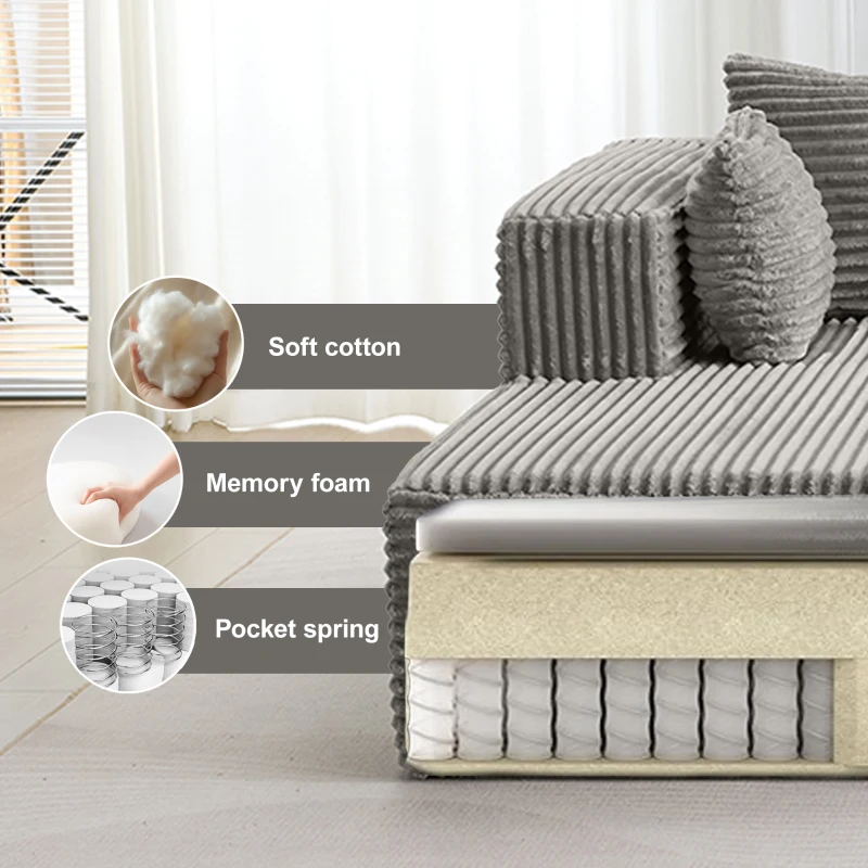 Divano angolare a L modulare con chaise longue, salvaspazio, design minimalista, seduta profonda, 279x179x83 cm, Grigio