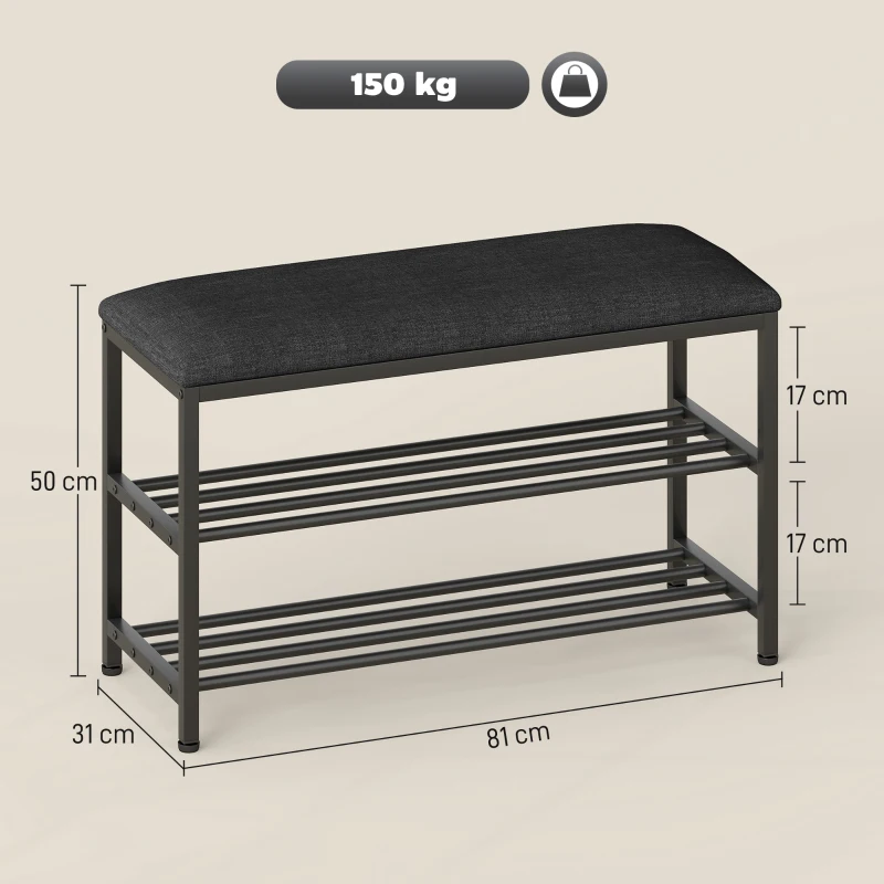 HOMCOM Schoenenbank met zitting, zitbank met opbergruimte, schoenenrek met 2 open vakken, zitbank 81 x 31 x 50 cm Zwart(m-3)