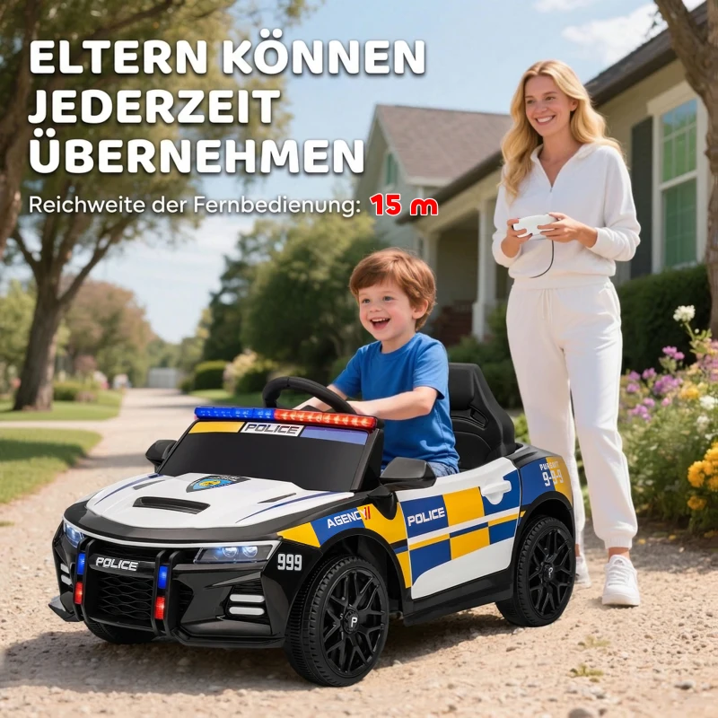 AIYAPLAY 12V Kinder Elektroauto Polizei Polizeiauto mit Fernbedienung Sirene Warnlicht Musik & Hupe Doppelmotoren Federung Weiß