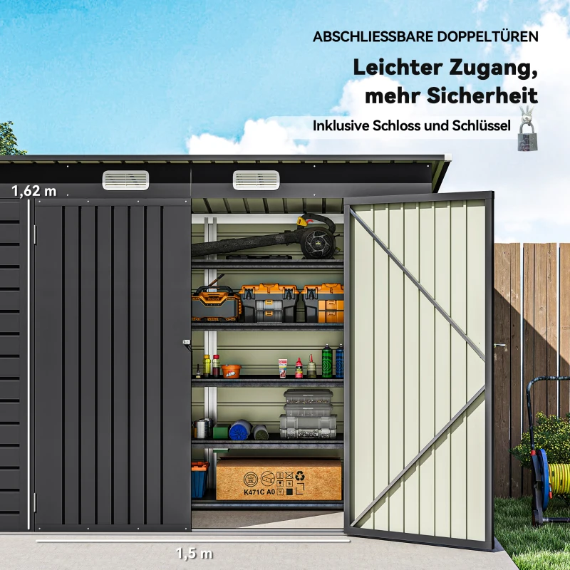 Outsunny Stahlgartenschuppen, Geräteschuppen, Doppeltüren, 249B x 121T x 166/183Hcm, Grau(m-6)