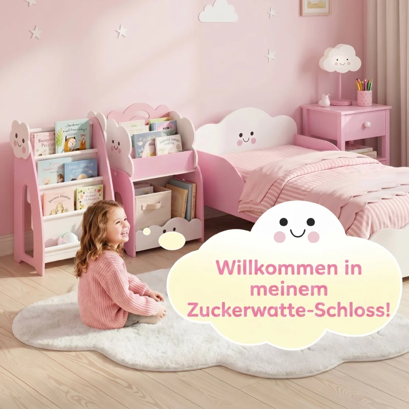 AIYAPLAY 3-in-1 Kinderregal mit Spielzeugaufbewahrung, Modularer Bücherregal mit 4 Taschen & 3 Ebenen sowie Nachttisch, Rosa