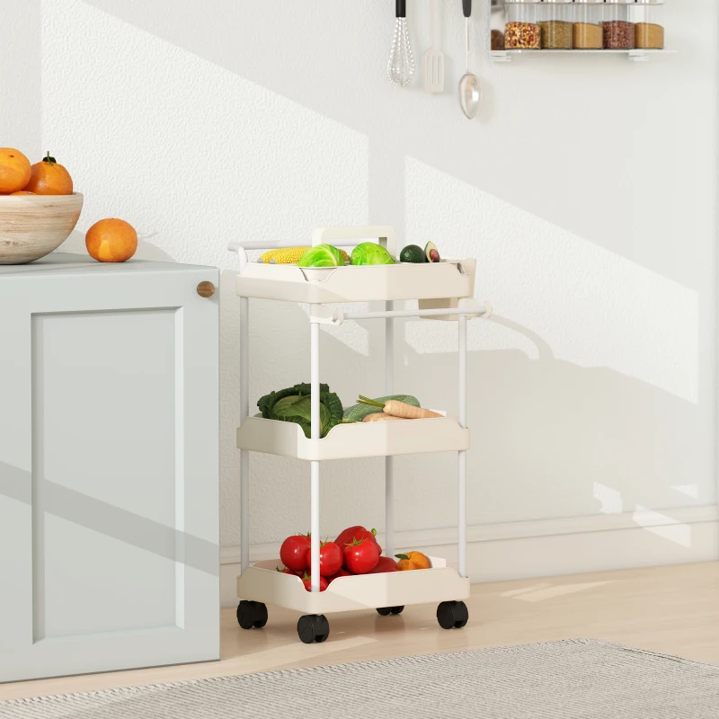 HOMCOM opbergtrolley, 3 manden, handdoekhouder, wielen, handgreep, metalen frame, wit