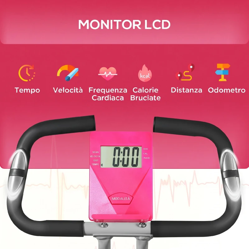 SPORTNOW Cyclette Pieghevole Magnetica a 8 Livelli con Display LCD, Rotelle e Sellino Regolabile, Rosa e Bianco