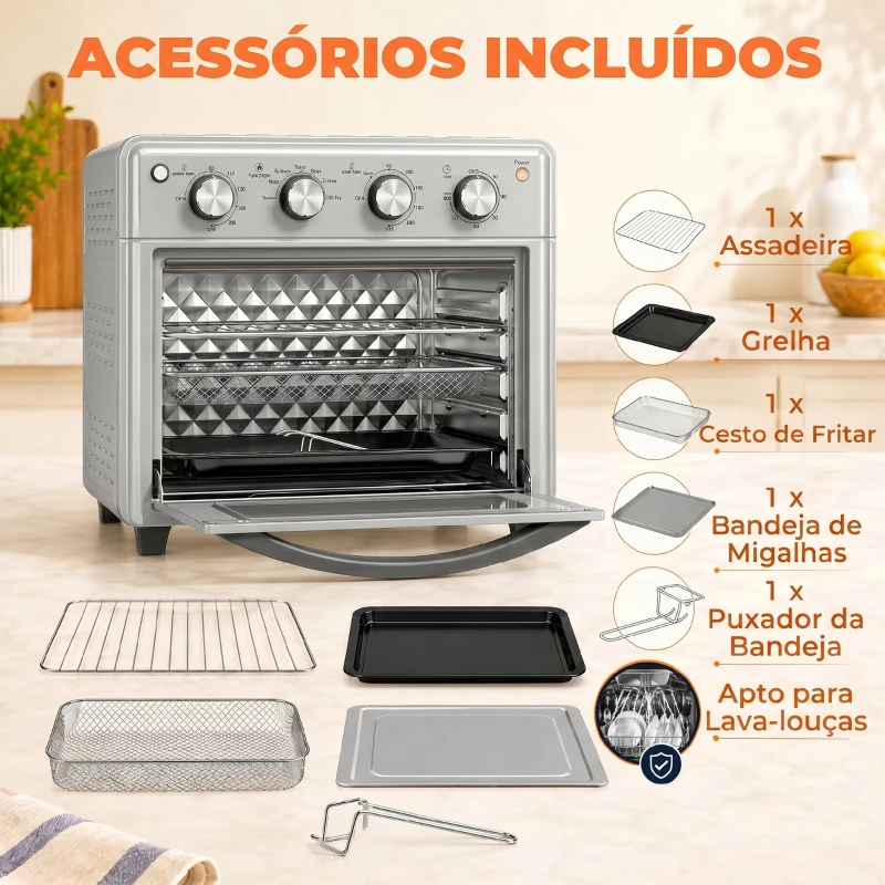 HOMCOM Forno Elétrico de Bancada 30 L 1600 W com Air Fryer, 7 Funções e Temporizador, 43x39x39 cm, Prateado
