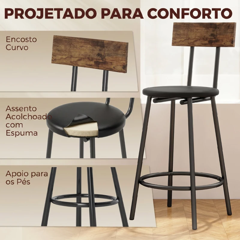 HOMCOM Conjunto 2 Bancos de Bar com Encosto e Apoio de Pés Estofados em PU 41x47x92 cm Preto